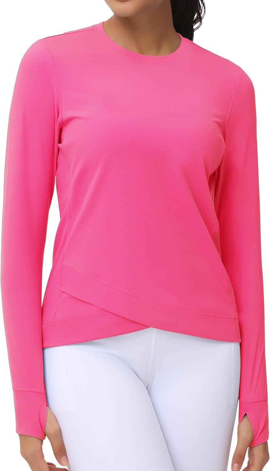 imageWomens Long Sleeve Compression Shirts Workout Tops Cross Hem Athletic Running Yoga TShirts with Thumb HoleBright Pink