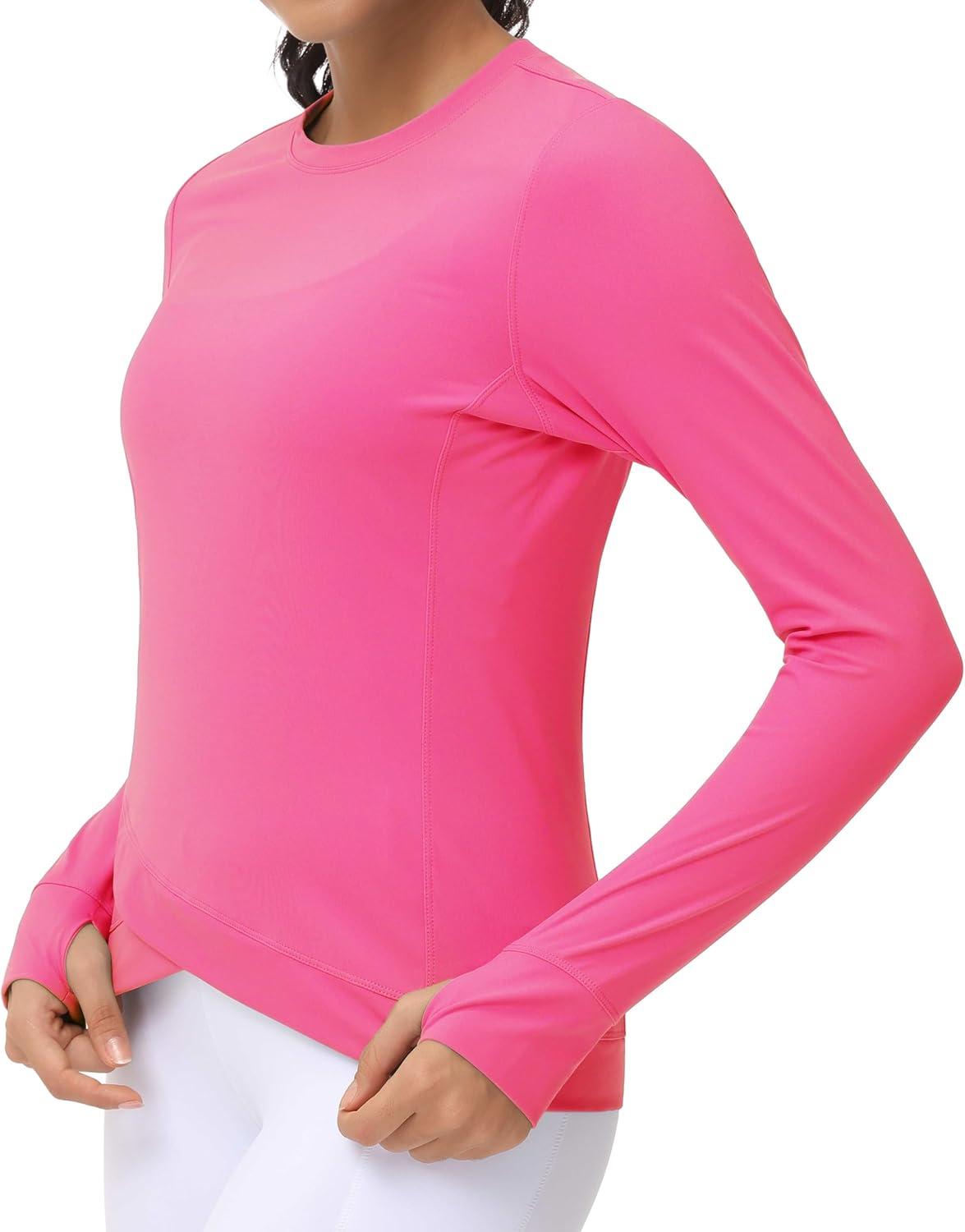 imageWomens Long Sleeve Compression Shirts Workout Tops Cross Hem Athletic Running Yoga TShirts with Thumb HoleBright Pink