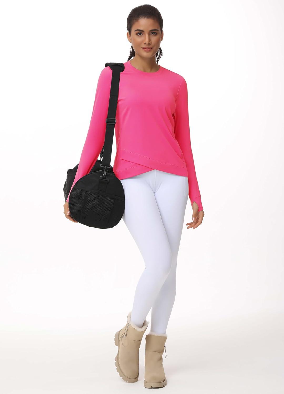imageWomens Long Sleeve Compression Shirts Workout Tops Cross Hem Athletic Running Yoga TShirts with Thumb HoleBright Pink