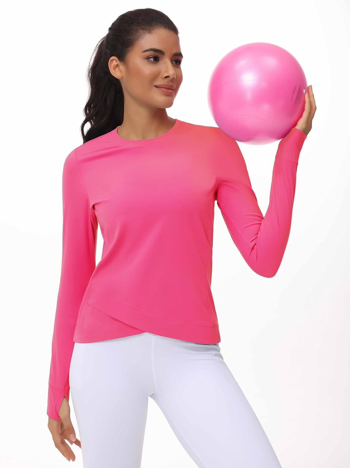 imageWomens Long Sleeve Compression Shirts Workout Tops Cross Hem Athletic Running Yoga TShirts with Thumb HoleBright Pink