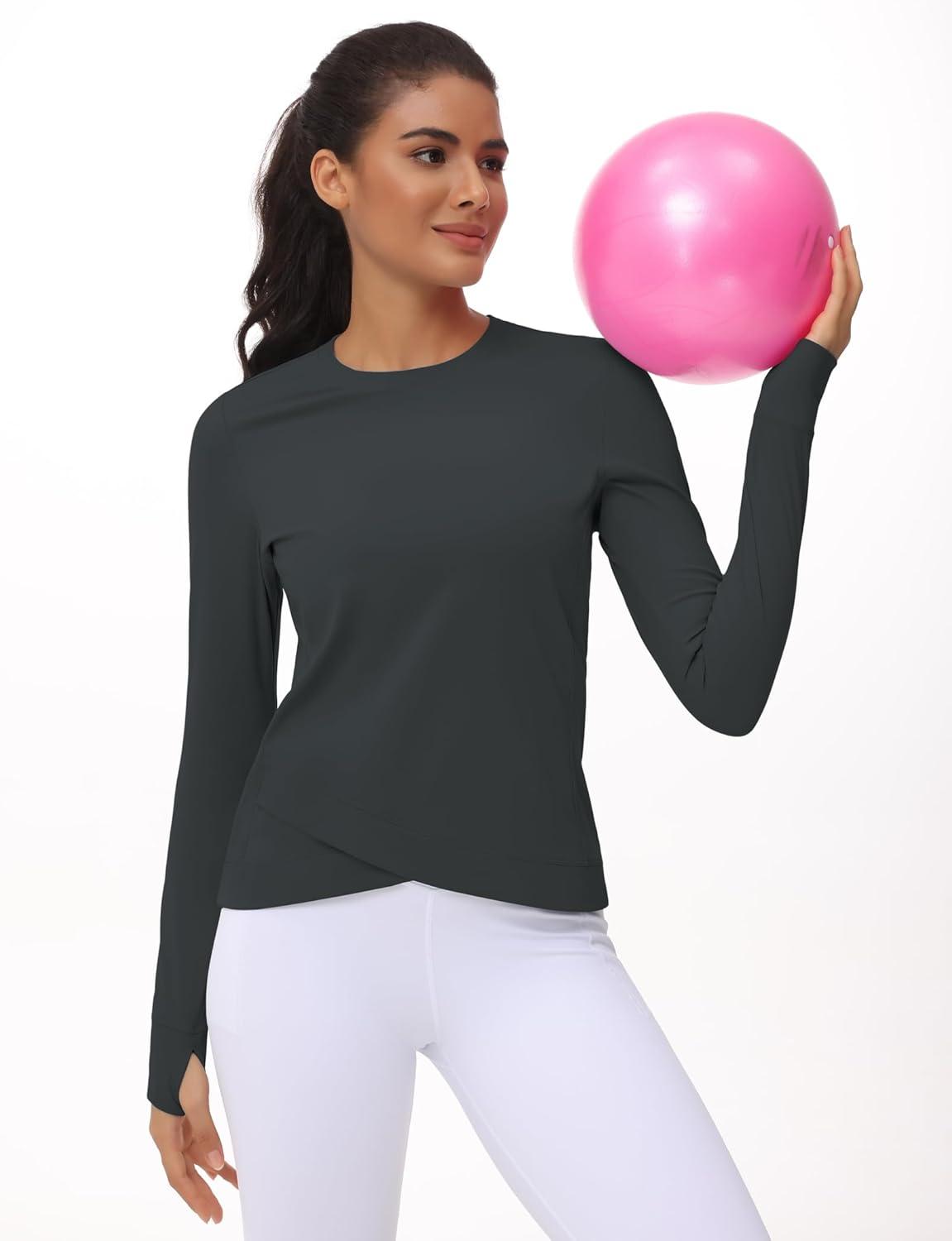 imageWomens Long Sleeve Compression Shirts Workout Tops Cross Hem Athletic Running Yoga TShirts with Thumb HoleCharcoal Grey