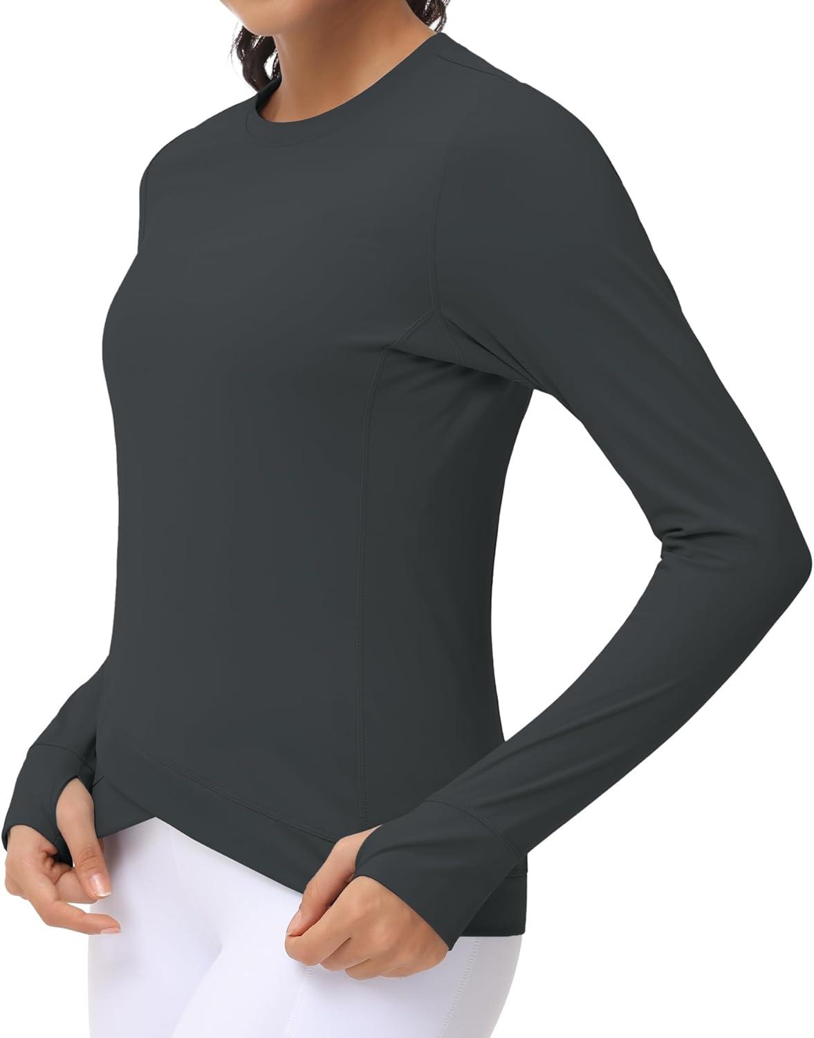 imageWomens Long Sleeve Compression Shirts Workout Tops Cross Hem Athletic Running Yoga TShirts with Thumb HoleCharcoal Grey