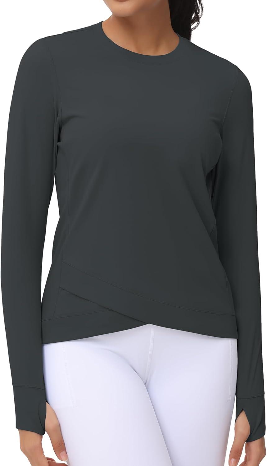 imageWomens Long Sleeve Compression Shirts Workout Tops Cross Hem Athletic Running Yoga TShirts with Thumb HoleCharcoal Grey