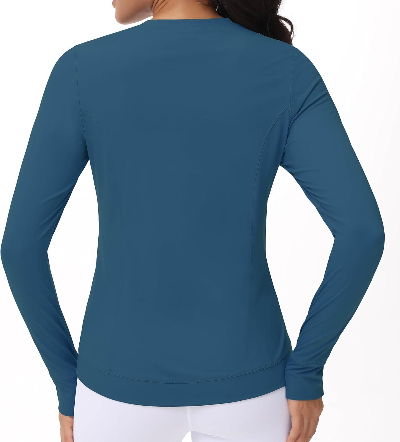 imageWomens Long Sleeve Compression Shirts Workout Tops Cross Hem Athletic Running Yoga TShirts with Thumb HoleDark Blue Green
