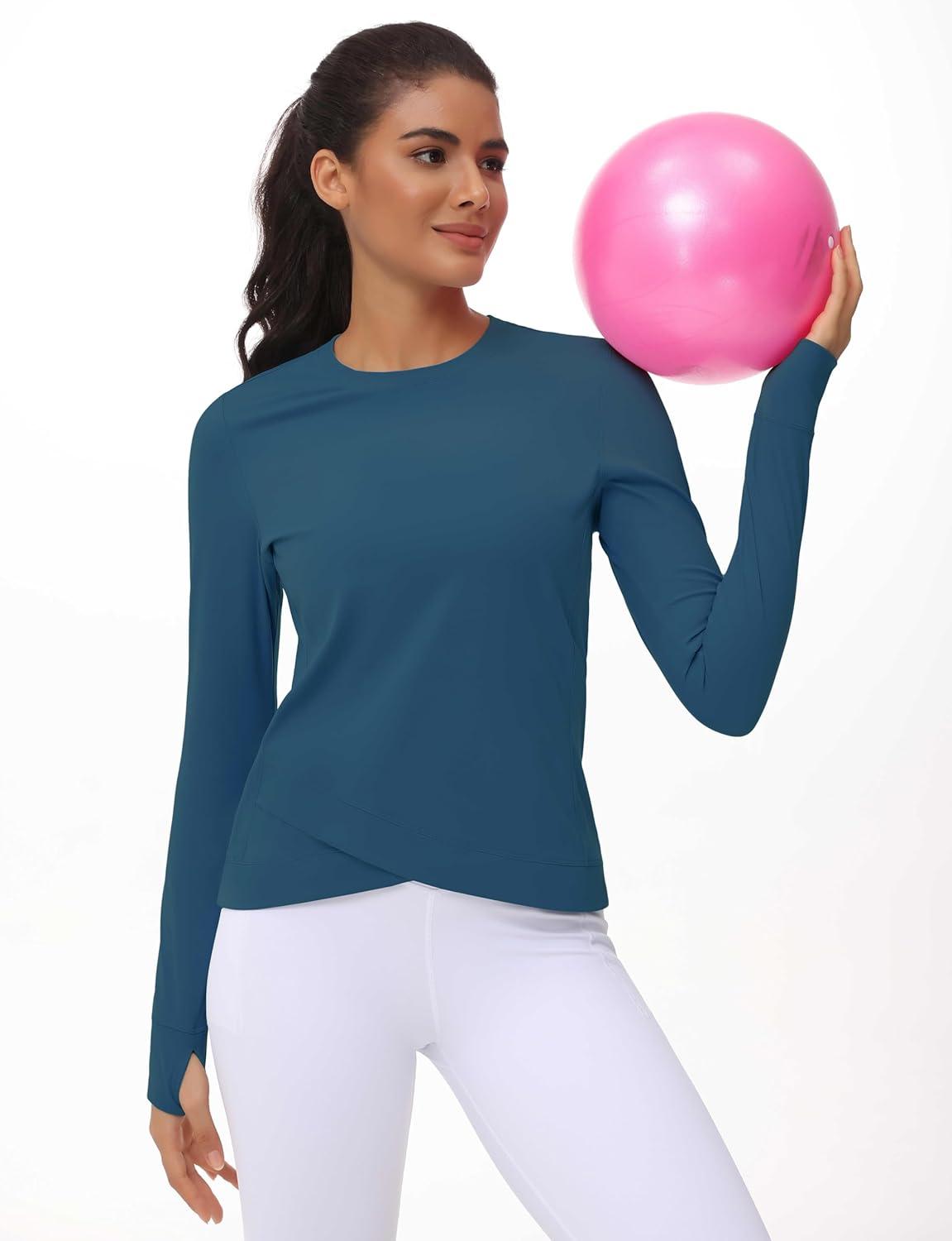 imageWomens Long Sleeve Compression Shirts Workout Tops Cross Hem Athletic Running Yoga TShirts with Thumb HoleDark Blue Green