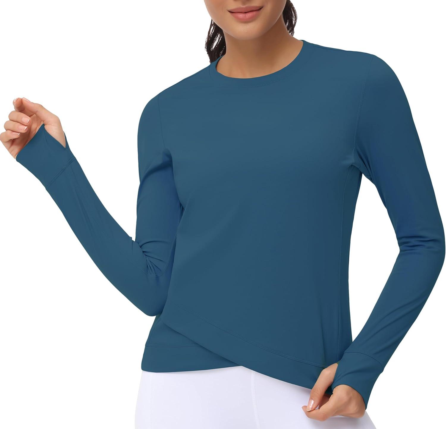 imageWomens Long Sleeve Compression Shirts Workout Tops Cross Hem Athletic Running Yoga TShirts with Thumb HoleDark Blue Green