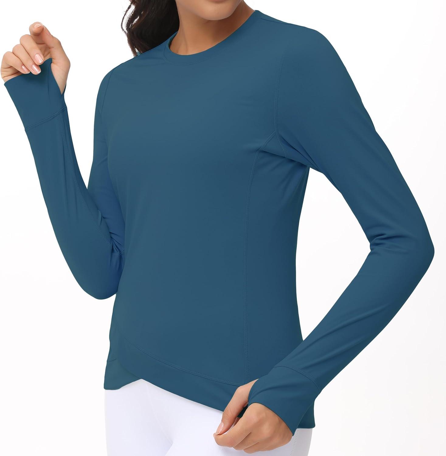 imageWomens Long Sleeve Compression Shirts Workout Tops Cross Hem Athletic Running Yoga TShirts with Thumb HoleDark Blue Green