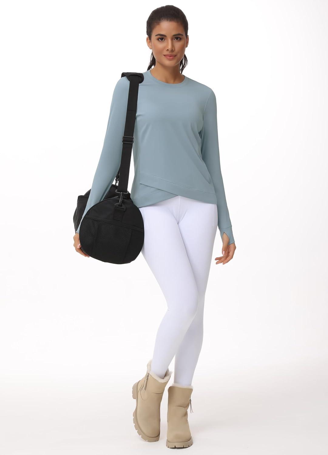 imageWomens Long Sleeve Compression Shirts Workout Tops Cross Hem Athletic Running Yoga TShirts with Thumb HoleDenim Blue