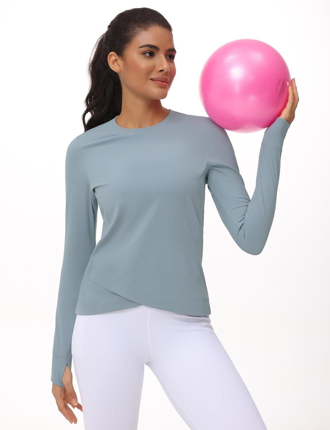 imageWomens Long Sleeve Compression Shirts Workout Tops Cross Hem Athletic Running Yoga TShirts with Thumb HoleDenim Blue