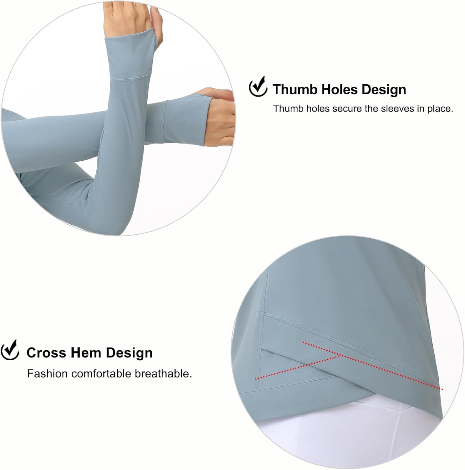 imageWomens Long Sleeve Compression Shirts Workout Tops Cross Hem Athletic Running Yoga TShirts with Thumb HoleDenim Blue