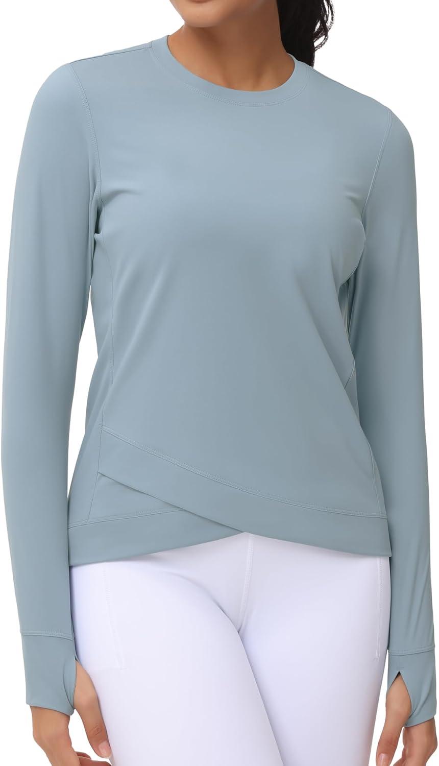 imageWomens Long Sleeve Compression Shirts Workout Tops Cross Hem Athletic Running Yoga TShirts with Thumb HoleDenim Blue
