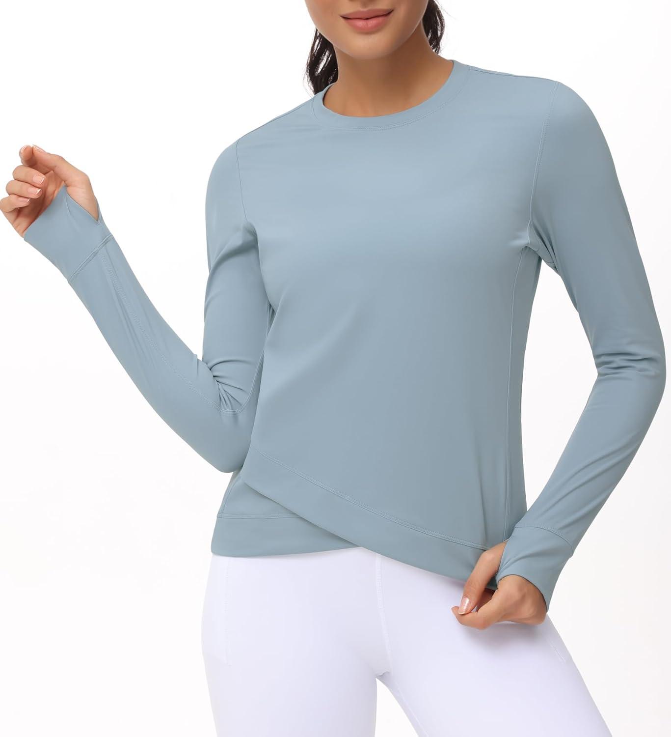 imageWomens Long Sleeve Compression Shirts Workout Tops Cross Hem Athletic Running Yoga TShirts with Thumb HoleDenim Blue