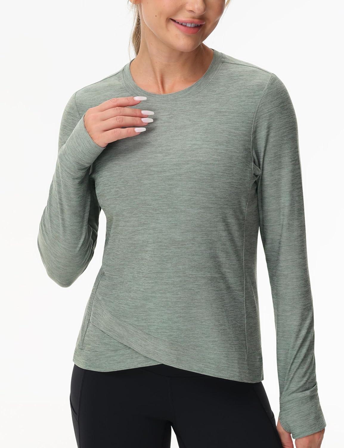 imageWomens Long Sleeve Compression Shirts Workout Tops Cross Hem Athletic Running Yoga TShirts with Thumb HoleGrey Green Heather