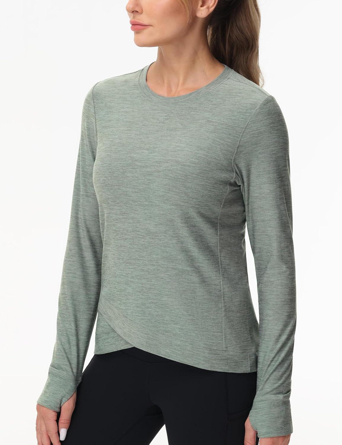 imageWomens Long Sleeve Compression Shirts Workout Tops Cross Hem Athletic Running Yoga TShirts with Thumb HoleGrey Green Heather