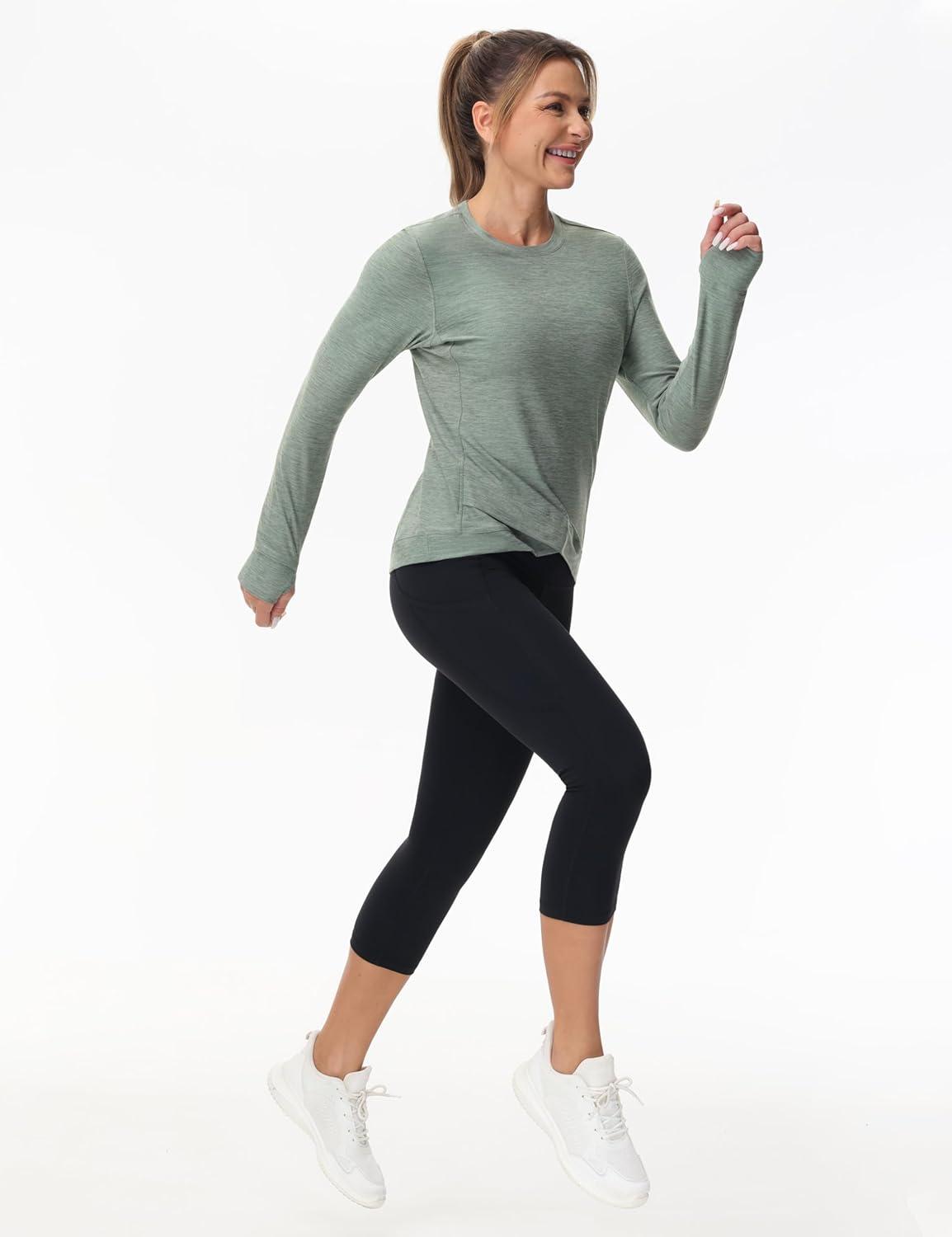 imageWomens Long Sleeve Compression Shirts Workout Tops Cross Hem Athletic Running Yoga TShirts with Thumb HoleGrey Green Heather