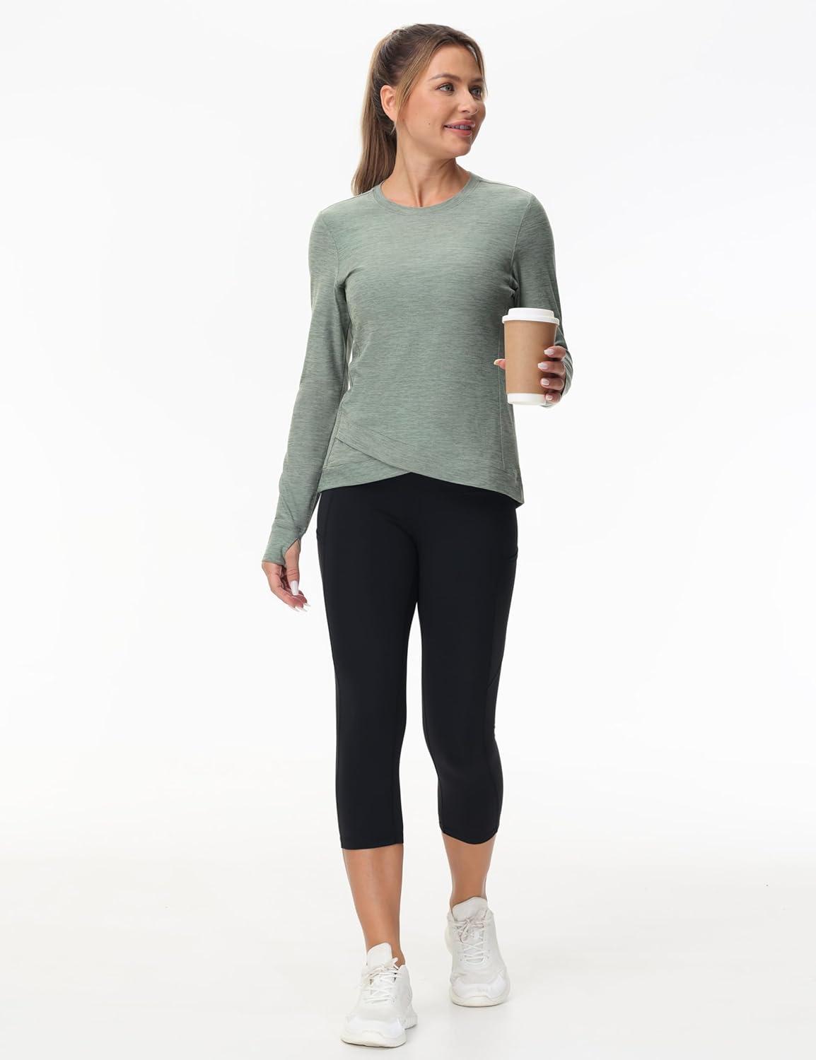 imageWomens Long Sleeve Compression Shirts Workout Tops Cross Hem Athletic Running Yoga TShirts with Thumb HoleGrey Green Heather