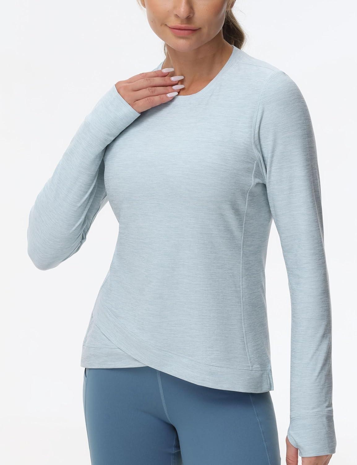 imageWomens Long Sleeve Compression Shirts Workout Tops Cross Hem Athletic Running Yoga TShirts with Thumb HoleLight Blue Heather