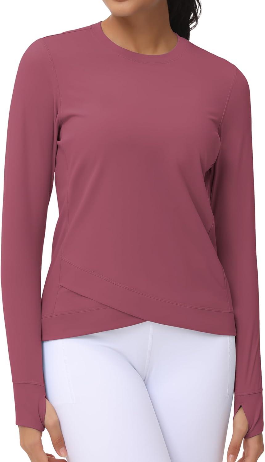 imageWomens Long Sleeve Compression Shirts Workout Tops Cross Hem Athletic Running Yoga TShirts with Thumb HoleRose Red