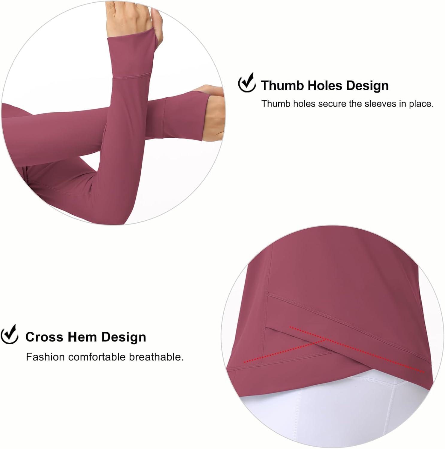 imageWomens Long Sleeve Compression Shirts Workout Tops Cross Hem Athletic Running Yoga TShirts with Thumb HoleRose Red