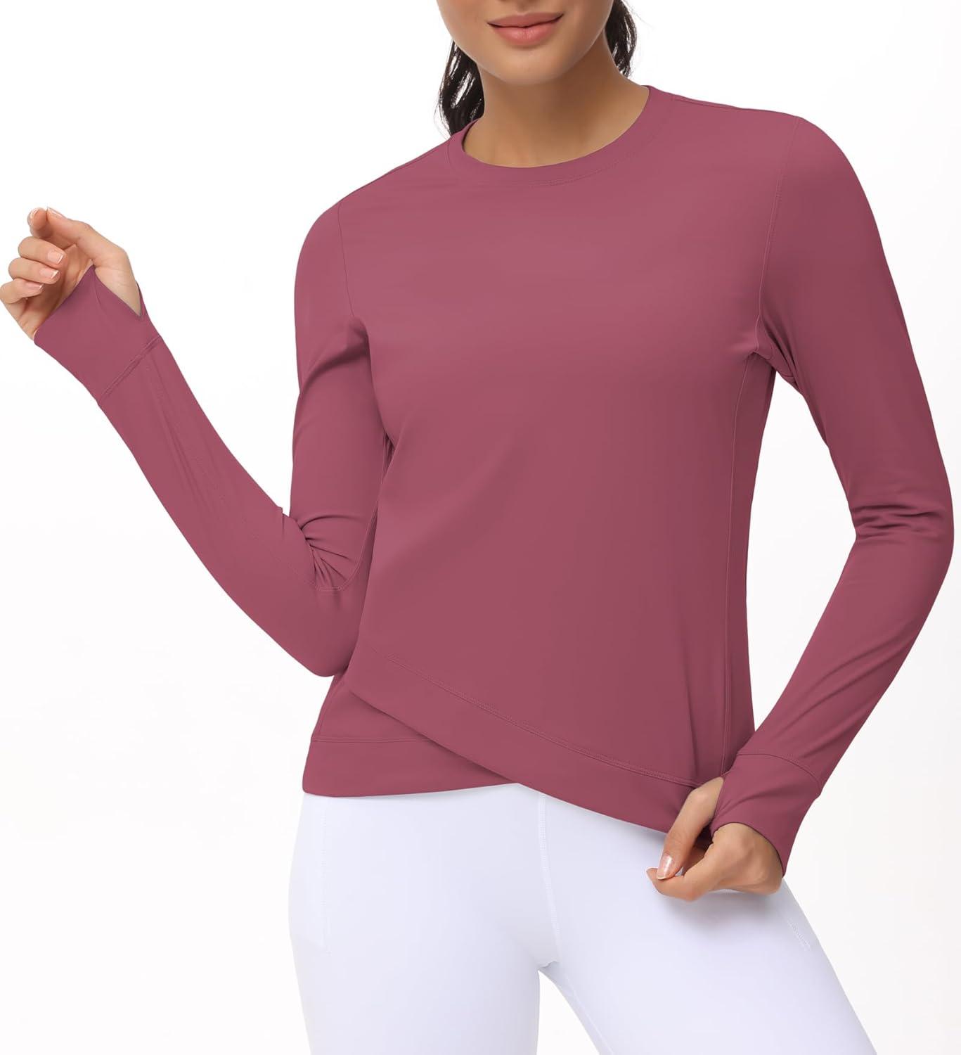 imageWomens Long Sleeve Compression Shirts Workout Tops Cross Hem Athletic Running Yoga TShirts with Thumb HoleRose Red