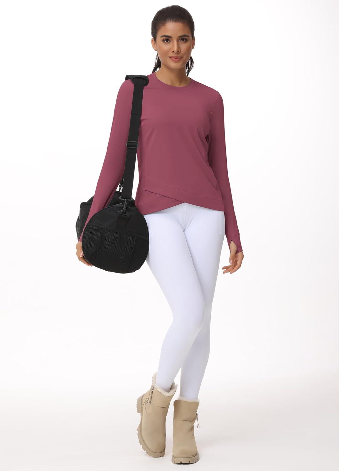 imageWomens Long Sleeve Compression Shirts Workout Tops Cross Hem Athletic Running Yoga TShirts with Thumb HoleRose Red