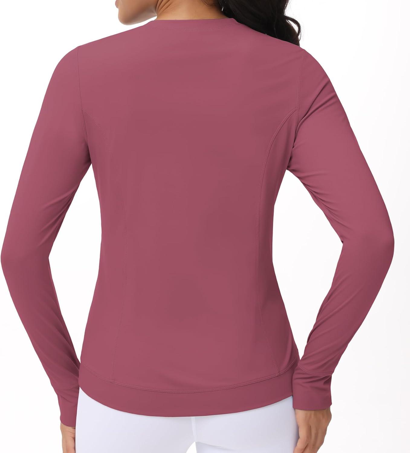 imageWomens Long Sleeve Compression Shirts Workout Tops Cross Hem Athletic Running Yoga TShirts with Thumb HoleRose Red