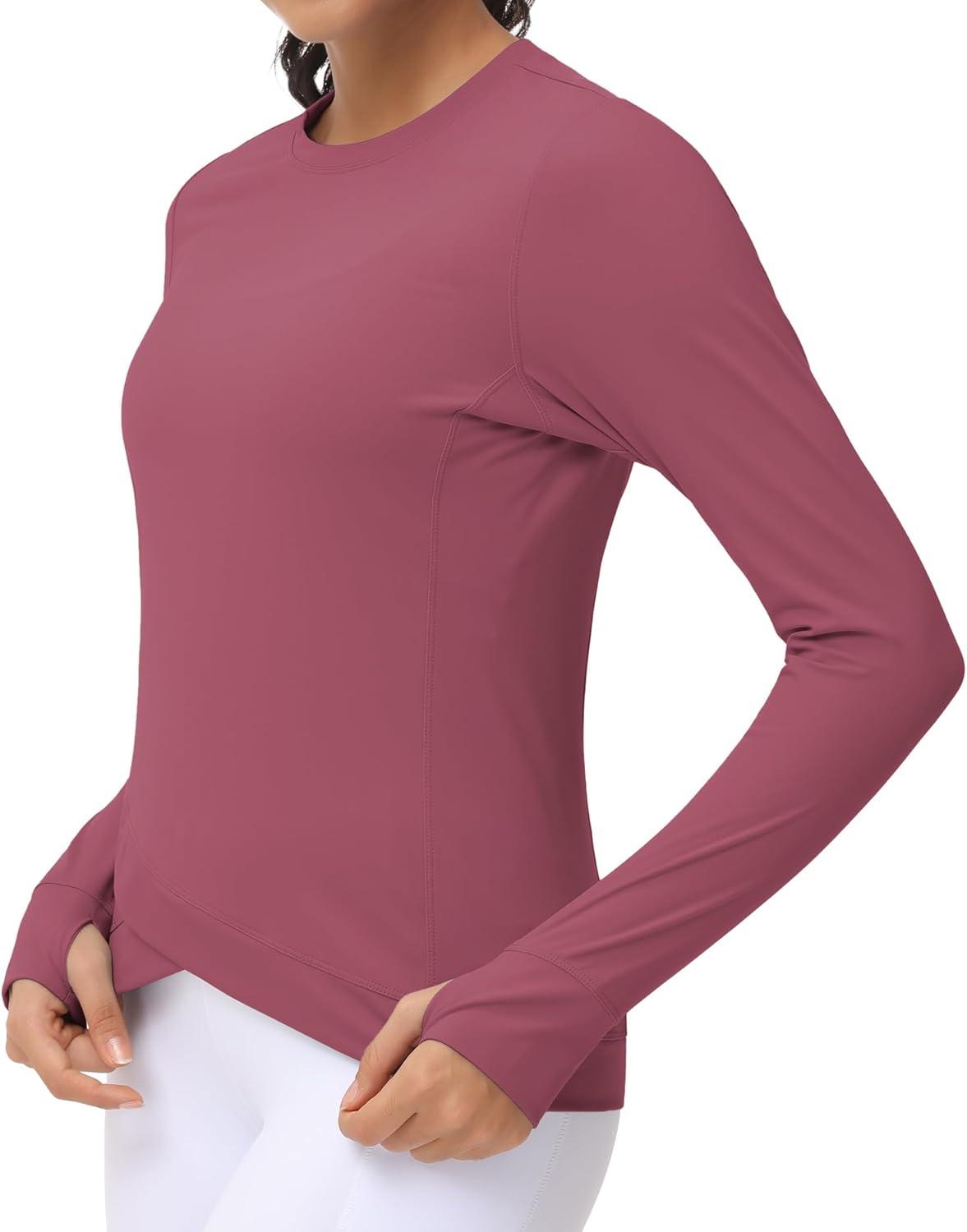 imageWomens Long Sleeve Compression Shirts Workout Tops Cross Hem Athletic Running Yoga TShirts with Thumb HoleRose Red
