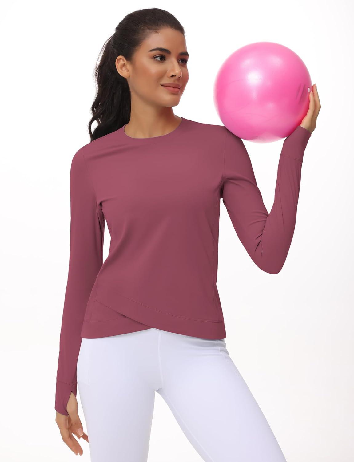 imageWomens Long Sleeve Compression Shirts Workout Tops Cross Hem Athletic Running Yoga TShirts with Thumb HoleRose Red