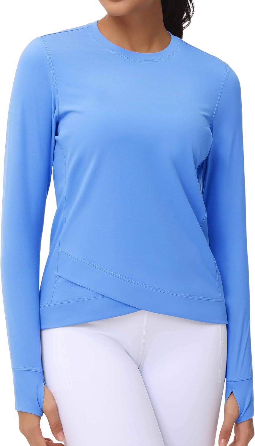 imageWomens Long Sleeve Compression Shirts Workout Tops Cross Hem Athletic Running Yoga TShirts with Thumb HoleSea Blue