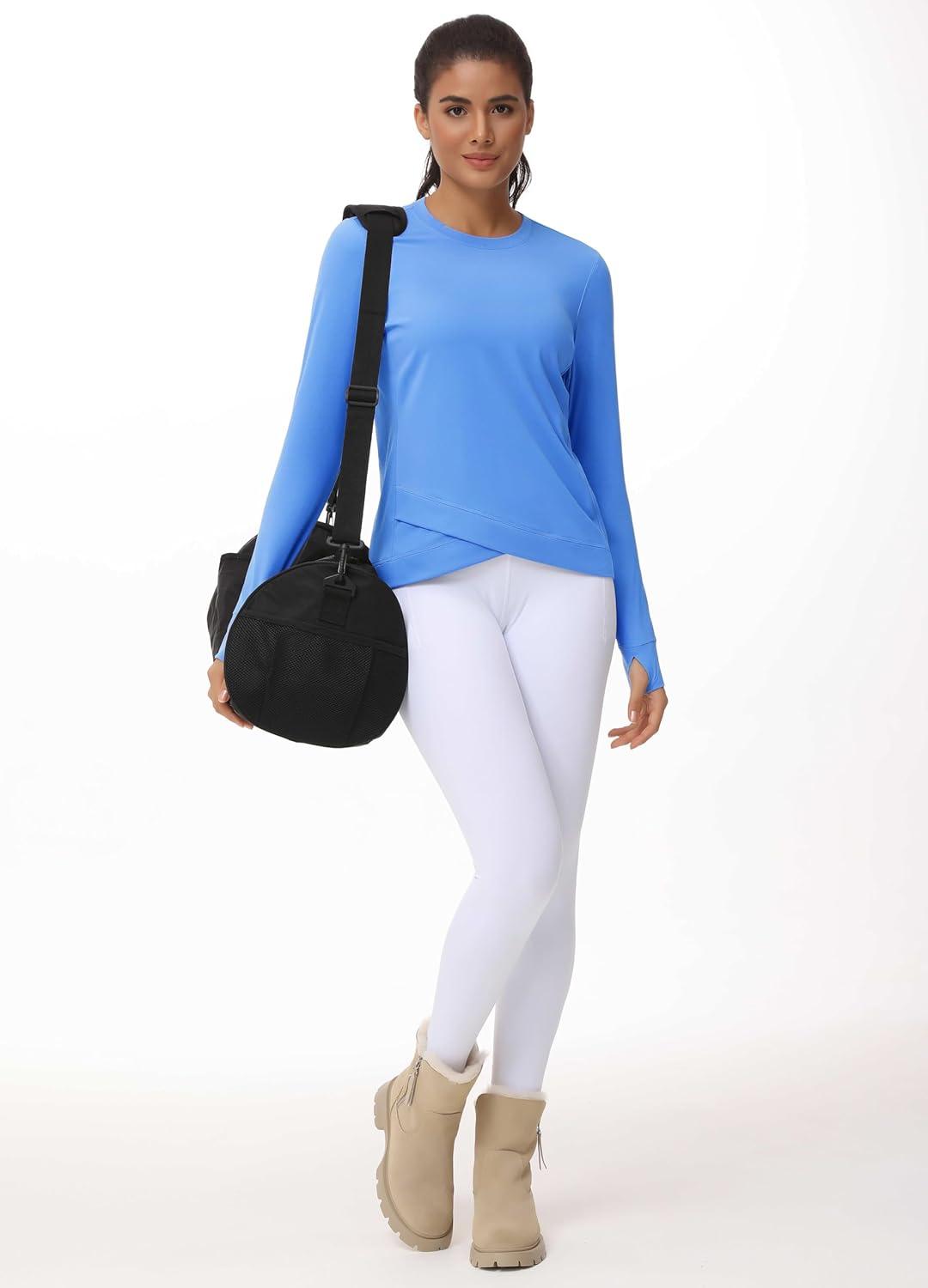 imageWomens Long Sleeve Compression Shirts Workout Tops Cross Hem Athletic Running Yoga TShirts with Thumb HoleSea Blue