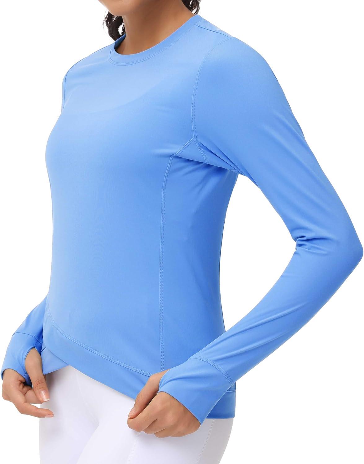 imageWomens Long Sleeve Compression Shirts Workout Tops Cross Hem Athletic Running Yoga TShirts with Thumb HoleSea Blue