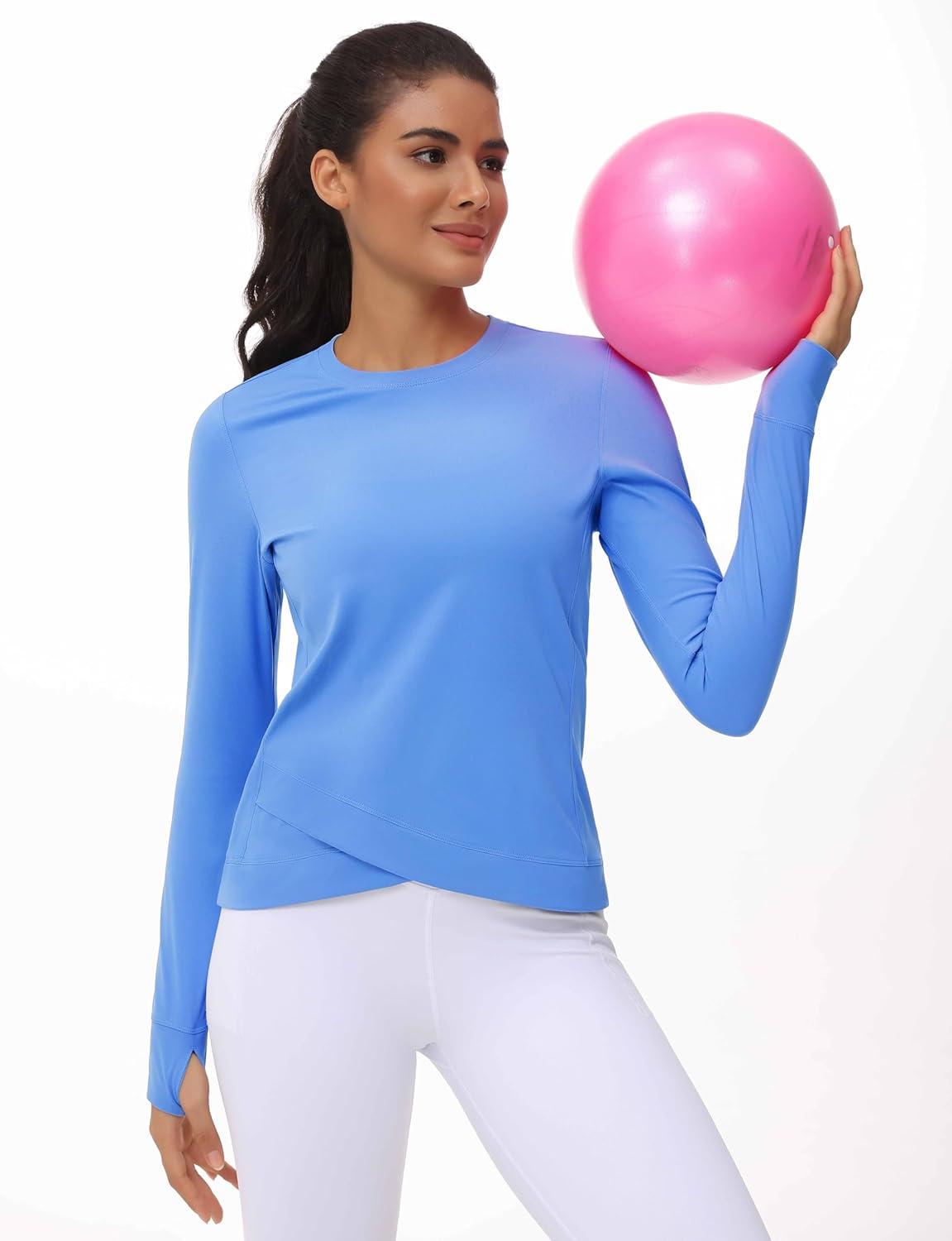 imageWomens Long Sleeve Compression Shirts Workout Tops Cross Hem Athletic Running Yoga TShirts with Thumb HoleSea Blue