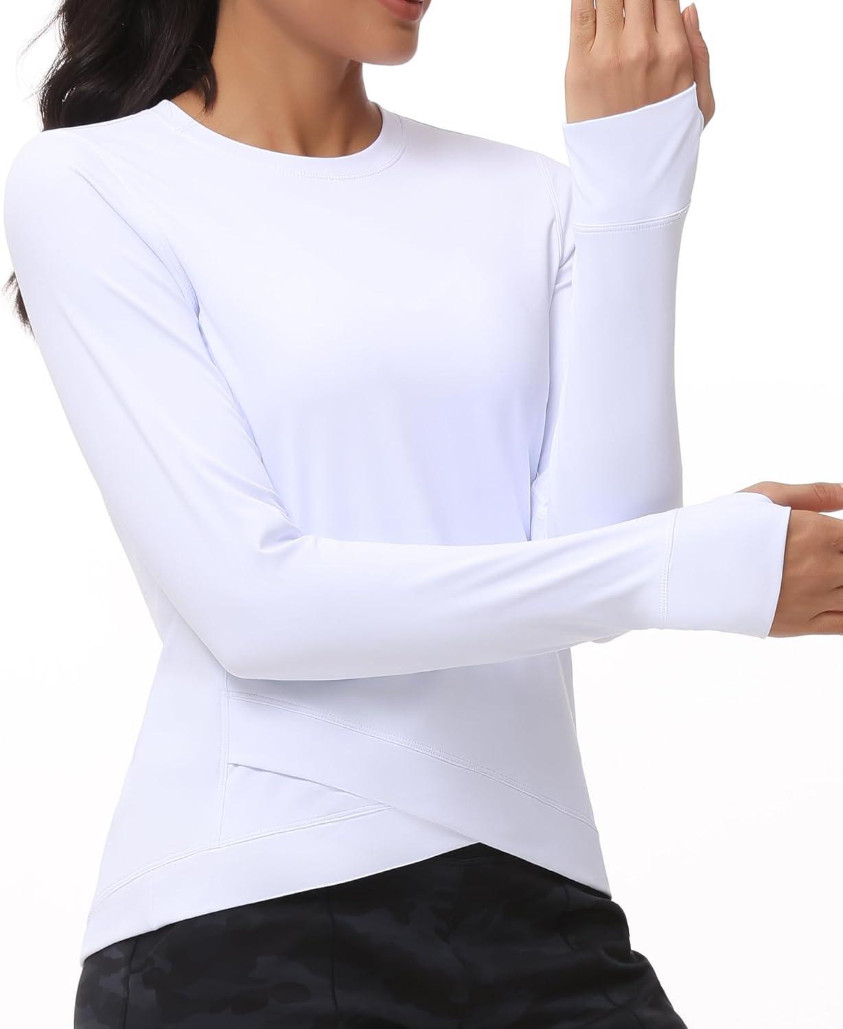 imageWomens Long Sleeve Compression Shirts Workout Tops Cross Hem Athletic Running Yoga TShirts with Thumb HoleWhite