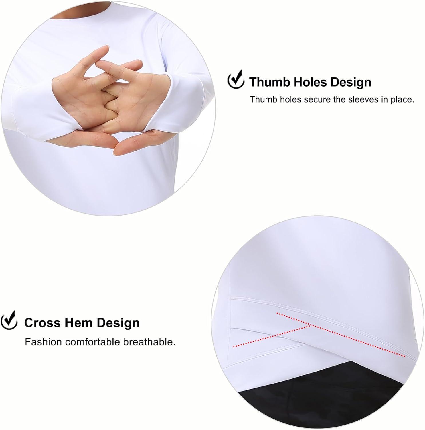 imageWomens Long Sleeve Compression Shirts Workout Tops Cross Hem Athletic Running Yoga TShirts with Thumb HoleWhite