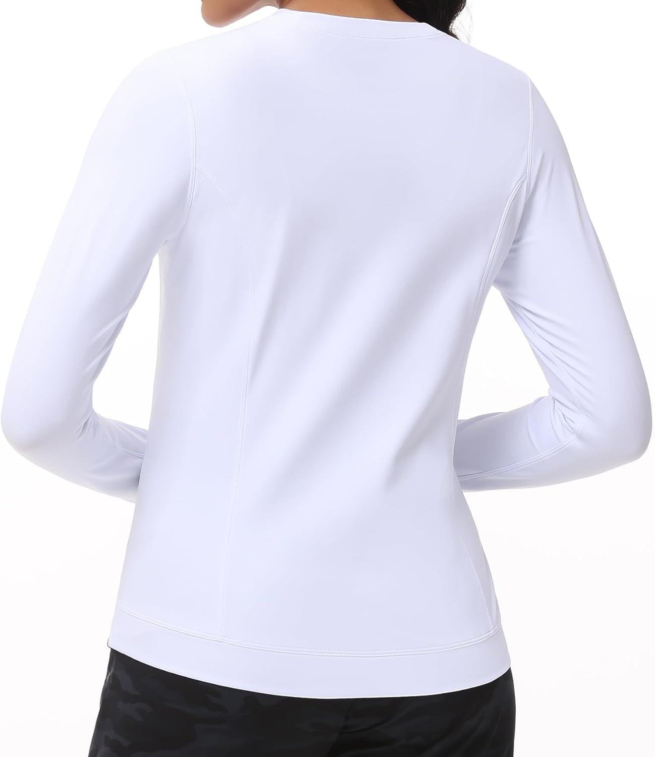 imageWomens Long Sleeve Compression Shirts Workout Tops Cross Hem Athletic Running Yoga TShirts with Thumb HoleWhite