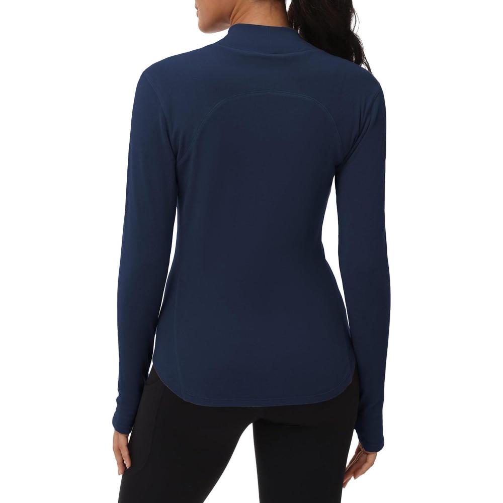 imageTHE GYM PEOPLE Fleece Mock Turtleneck Pullover Base Layer Shirts Long Sleeve Workout Tops with Thumb HoleDark Blue