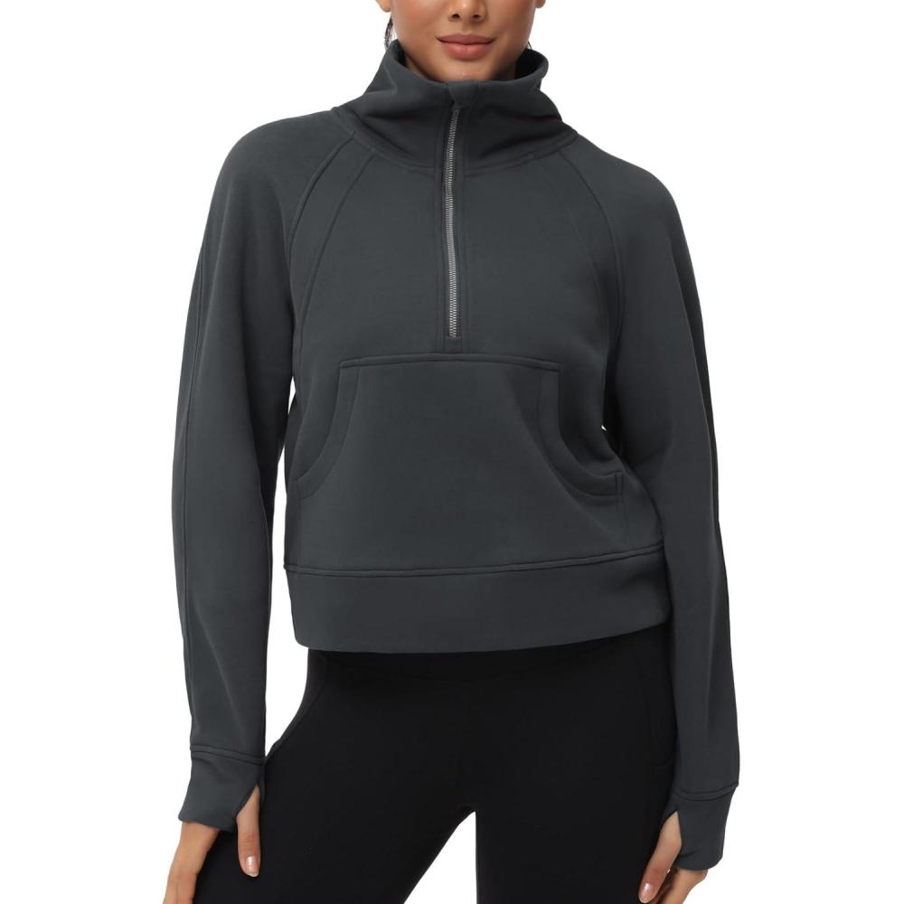 imageTHE GYM PEOPLE Womens Half Zip Pullover Fleece Stand Collar Crop Sweatshirt with Pockets Thumb HoleDark Grey