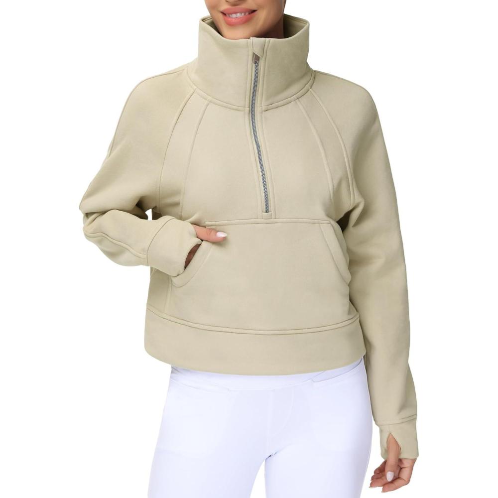 imageTHE GYM PEOPLE Womens Half Zip Pullover Fleece Stand Collar Crop Sweatshirt with Pockets Thumb HoleKhaki