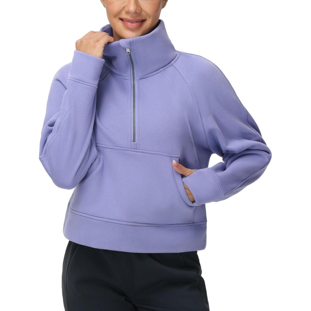 imageTHE GYM PEOPLE Womens Half Zip Pullover Fleece Stand Collar Crop Sweatshirt with Pockets Thumb HoleLavender Purple