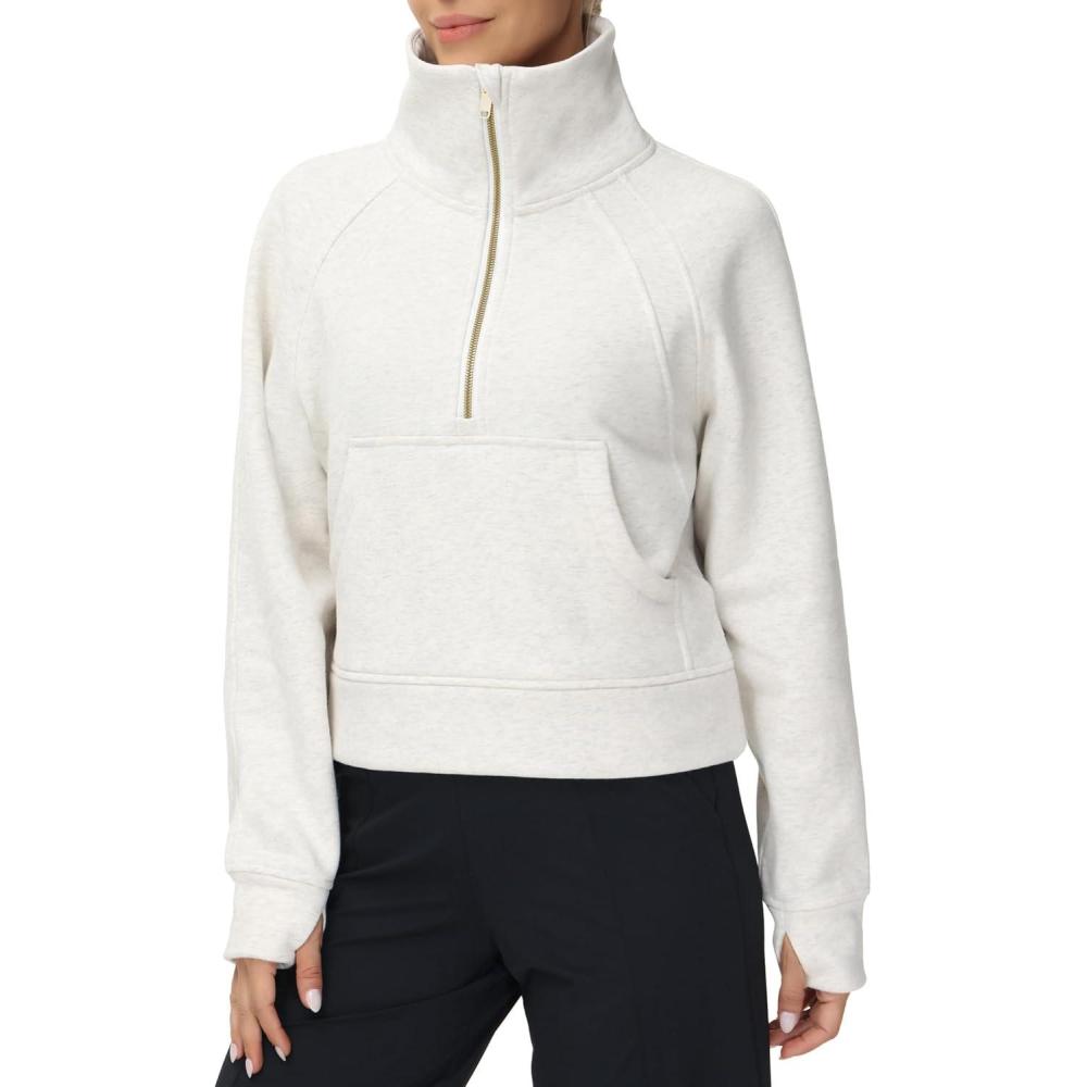 imageTHE GYM PEOPLE Womens Half Zip Pullover Fleece Stand Collar Crop Sweatshirt with Pockets Thumb HoleOffwhite