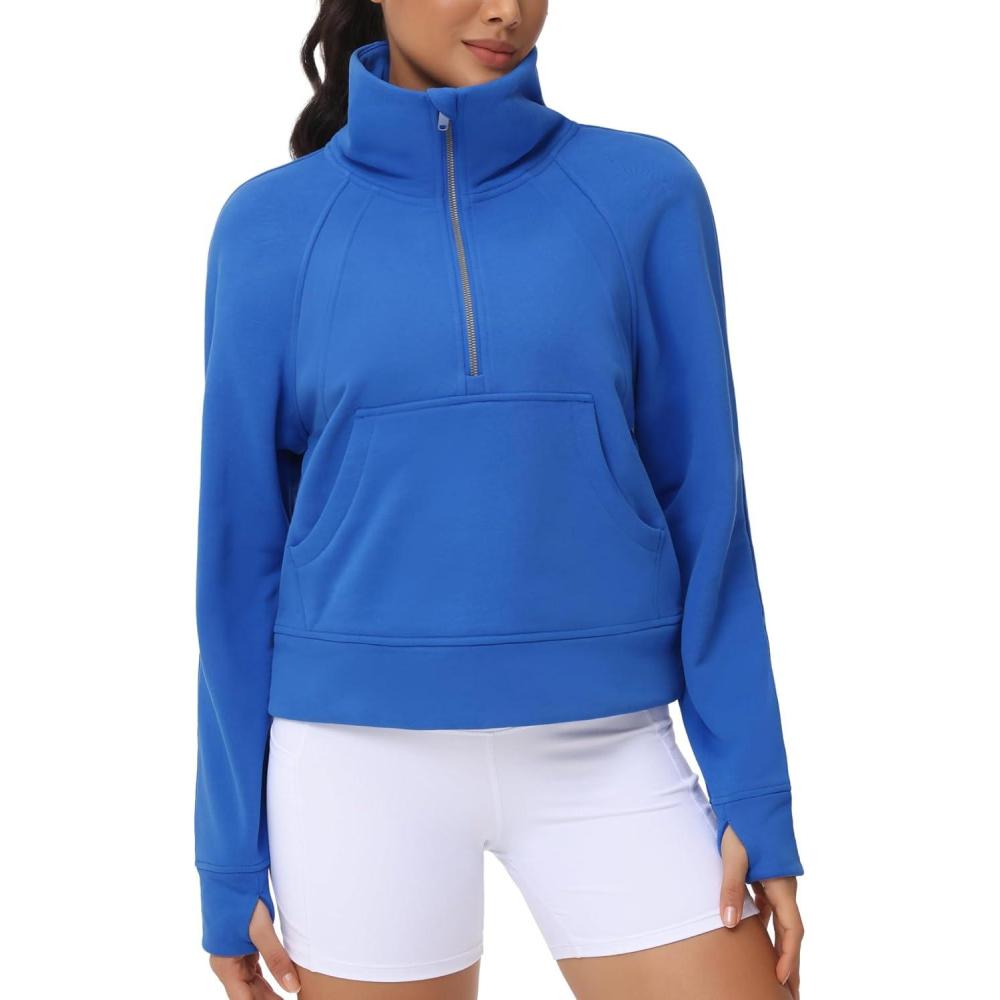 imageTHE GYM PEOPLE Womens Half Zip Pullover Fleece Stand Collar Crop Sweatshirt with Pockets Thumb HoleSea Blue