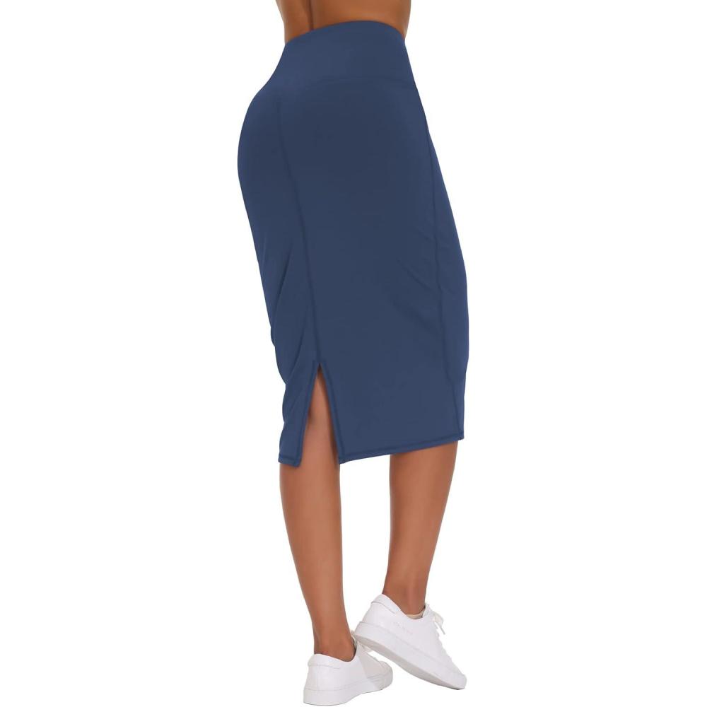 imageTHE GYM PEOPLE Womens High Waist Tummy Control Pencil Skirts Stretchy Bodycon Midi Skirt Below Knee with Back SlitBlue