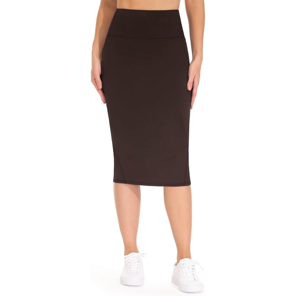 imageTHE GYM PEOPLE Womens High Waist Tummy Control Pencil Skirts Stretchy Bodycon Midi Skirt Below Knee with Back SlitBrown