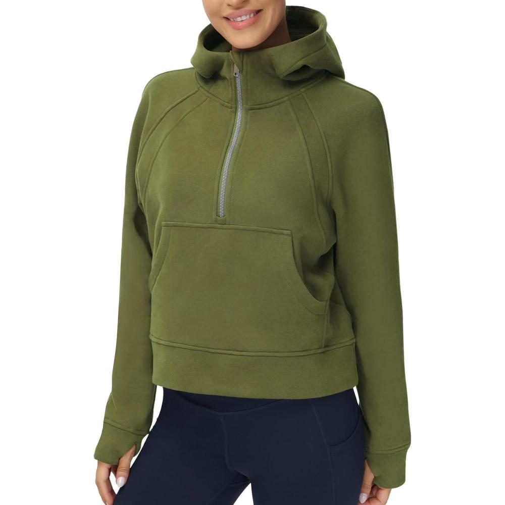 imageTHE GYM PEOPLE Womens Hoodies Half Zip Long Sleeve Fleece Crop Pullover Sweatshirts with Pockets Thumb HoleArmy Green