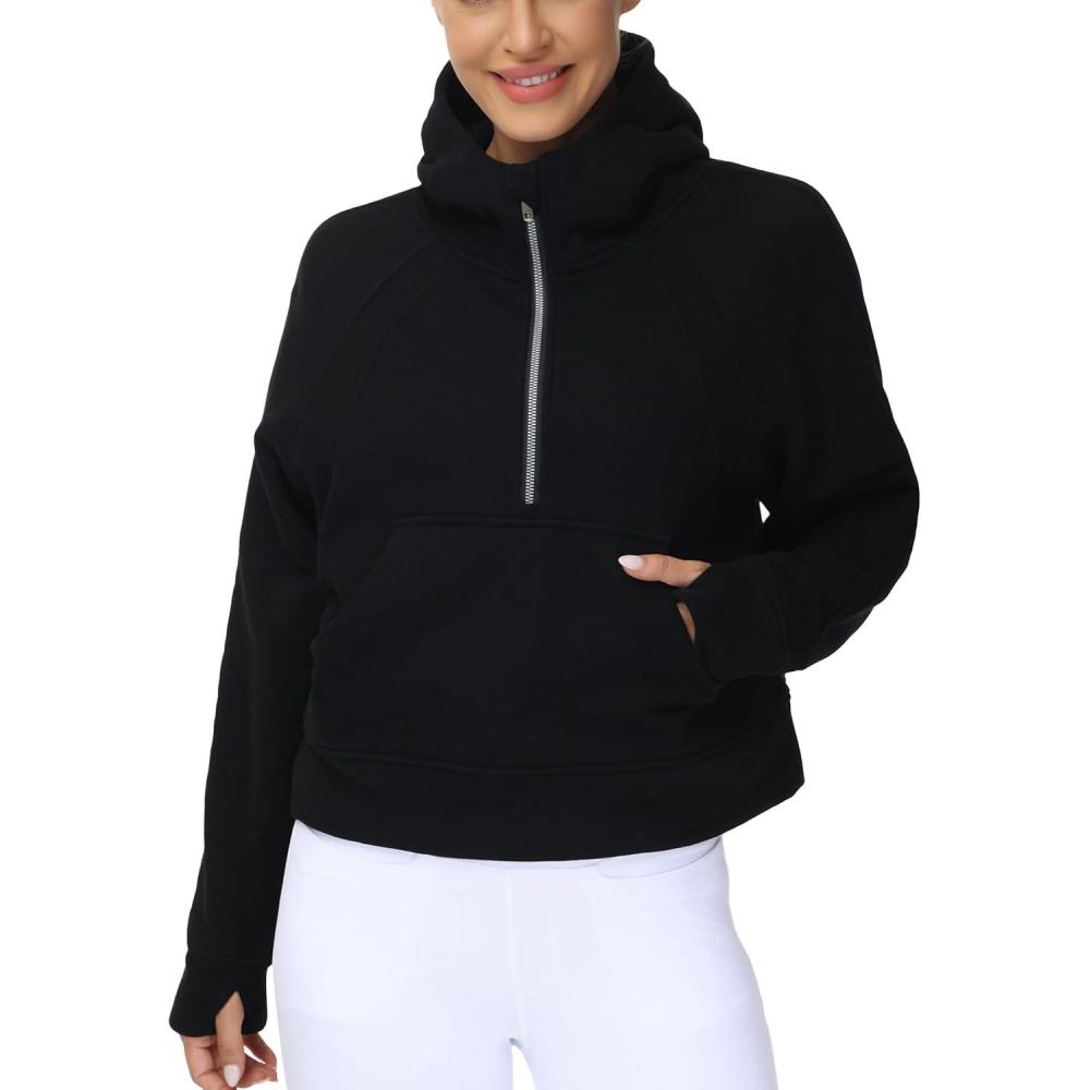 imageTHE GYM PEOPLE Womens Hoodies Half Zip Long Sleeve Fleece Crop Pullover Sweatshirts with Pockets Thumb HoleBlack