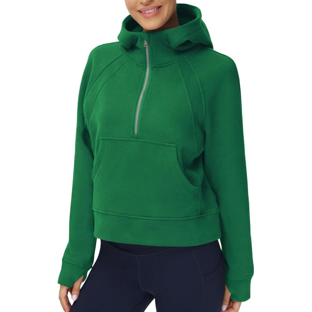 imageTHE GYM PEOPLE Womens Hoodies Half Zip Long Sleeve Fleece Crop Pullover Sweatshirts with Pockets Thumb HoleGreen