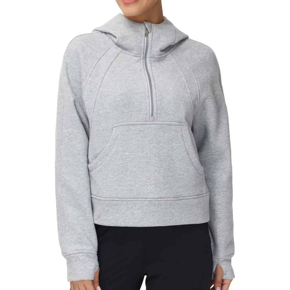 imageTHE GYM PEOPLE Womens Hoodies Half Zip Long Sleeve Fleece Crop Pullover Sweatshirts with Pockets Thumb HoleGrey