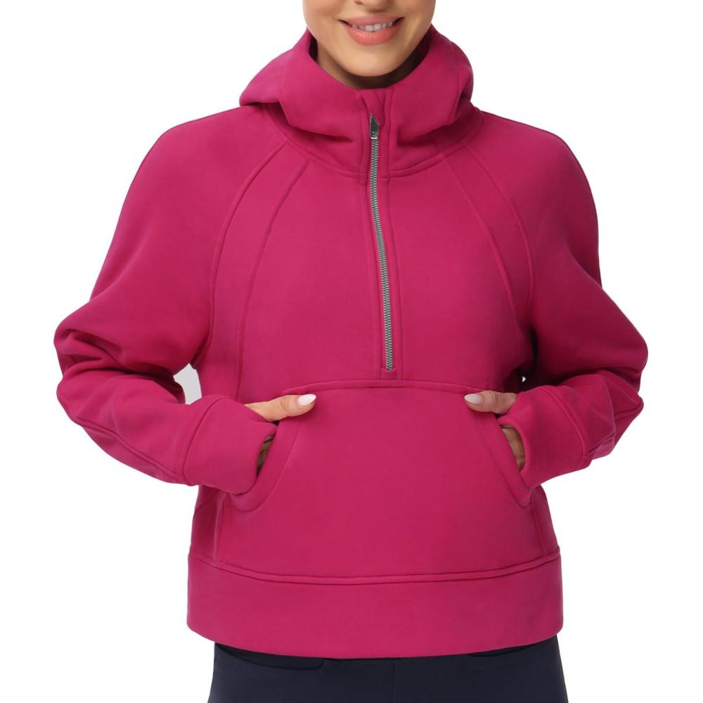imageTHE GYM PEOPLE Womens Hoodies Half Zip Long Sleeve Fleece Crop Pullover Sweatshirts with Pockets Thumb HolePitaya Red