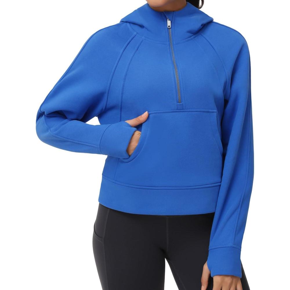 imageTHE GYM PEOPLE Womens Hoodies Half Zip Long Sleeve Fleece Crop Pullover Sweatshirts with Pockets Thumb HoleSea Blue