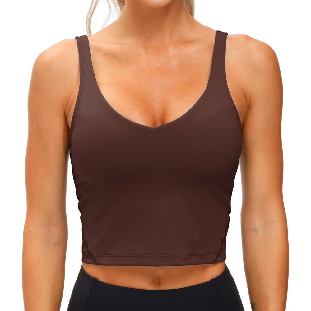 imageTHE GYM PEOPLE Womens Sports Bra Longline Wirefree Padded with Medium SupportRed Brown
